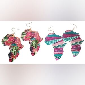 Africa Map Statement Earrings Set Multi-Color Patterned Dangle Tribal Print Wood